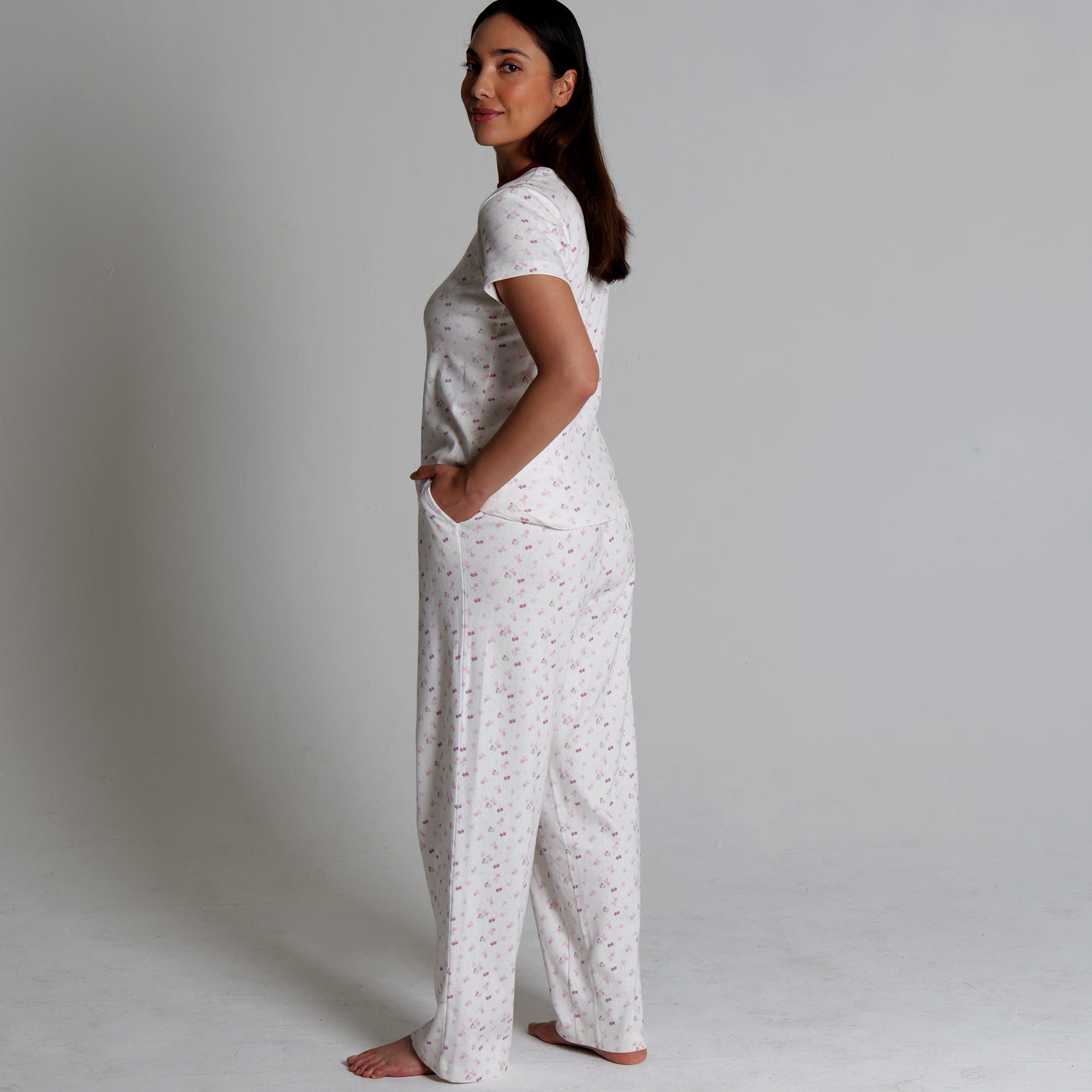 Women's Regular Fit 100% Soft Cotton Pointelle Rib 3 Pocket Printed Pajamas