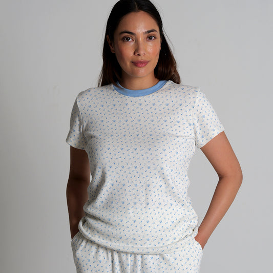 Women's Regular Fit Short Sleeve 100% Soft Cotton Pointelle Rib Printed Tees