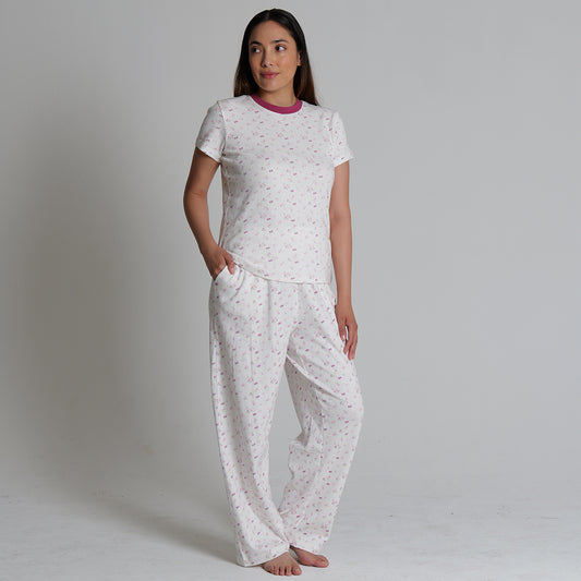 Women's Regular Fit  100% Soft Cotton Pointelle Rib 3 Pocket Printed Pajamas